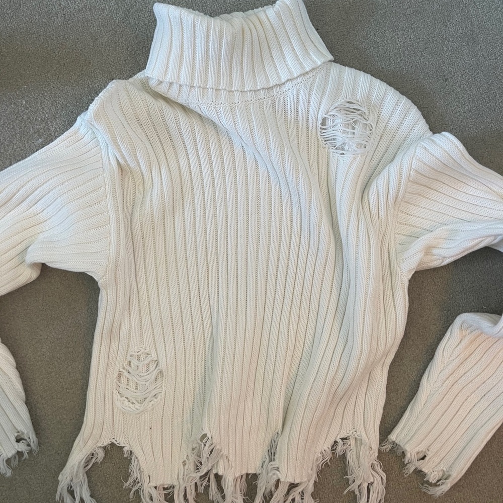 White Distressed Turtleneck